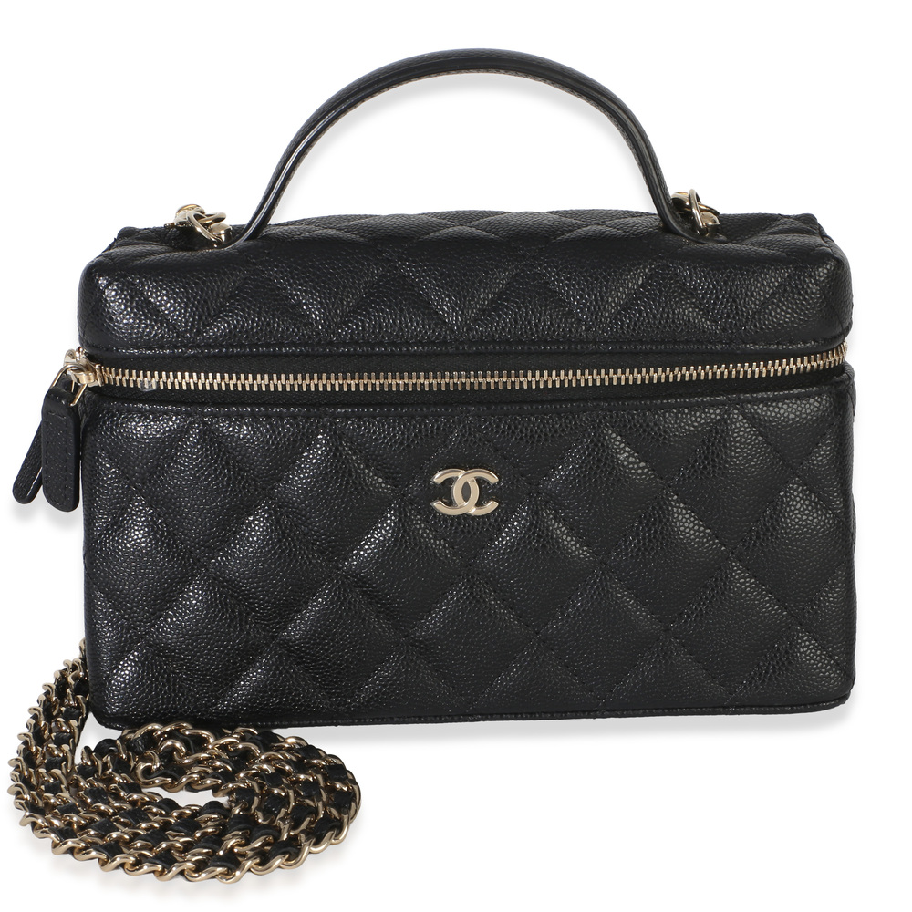 Chanel Black Quilted Caviar Top Handle Slim Vanity Handbag With Chain